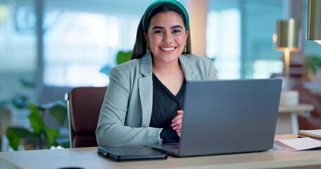 Wall Mural - Face, worker and woman with a laptop, smile and search internet with connection, network and website information. Person, consultant or employee with a pc, brand development and portrait with network