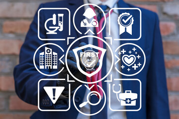 Wall Mural - Doctor using virtual touch screen sees first safety icon: shield with check mark. Work Safety First Healthcare Concept. Regulations and standard in medical hospital. First secure rules.