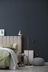 Sticker - Comfortable bed with new pistachio linens in modern room interior