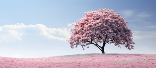 Sticker - In the serene park, a solitary tree stood tall, adorned with delicate, pink flowers, against the backdrop of a clear sky. Isolated on a white background, it framed the beauty of nature in spring