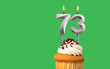 Birthday with number 73 candle and cupcake - Anniversary card on green color background
