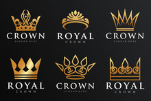 Set Of Abstract Gold Crown Logo Symbol. Royal King Icon Design Vector.