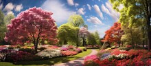 In The Vibrant Beauty Of Summer, Nature Gracefully Adorns Itself With An Array Of Colorful Flowers, Scattering Their Leaves In Hues Of White, Pink, And Red Across The Green Gardens Of A Splendid Park