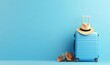 Blue suitcase with sun glasses, hat and camera on pastel blue background. travel concept minimal . 3d rendering, Generative AI 