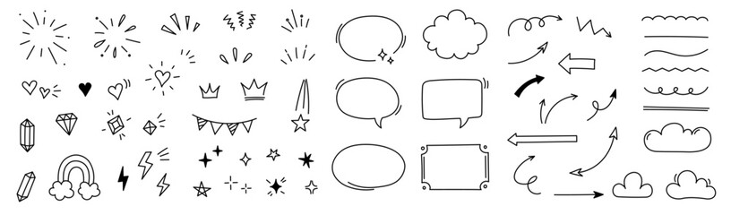 Aufkleber - Hand drawn line cute star sparkle, heart, arrow elements. Doodle heart, arrow, star, sparkle decoration set icon. Simple sketch line style emphasis, attention, pattern elements. Vector illustration