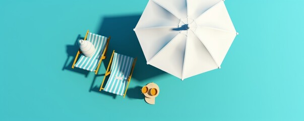 Wall Mural - Top view Beach umbrella with chairs and beach accessories on blue background. summer vacation concept. 3d rendering, Generative AI 