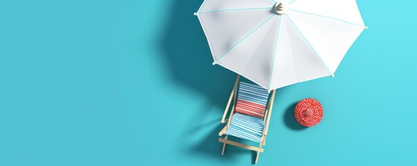 top view beach umbrella with chairs and beach accessories on blue background. summer vacation concep