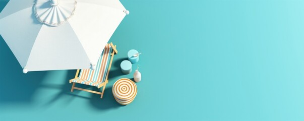 Wall Mural - Top view Beach umbrella with chairs and beach accessories on blue background. summer vacation concept. 3d rendering, Generative AI 
