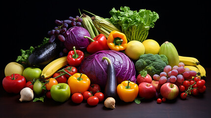 Wall Mural - green red yellow purple vegetables and fruit fresh on dark background