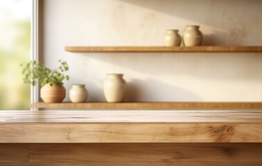 Wall Mural - Rustic wooden table with vases on shelves in front of a large window. The natural wood grain of the table and shelves adds a touch of warmth and charm to the space