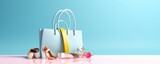Fototapeta  - Fashion accessories bag, high heels, lipstick in bag shopping on pastel blue background. 3d rendering, Generative AI 