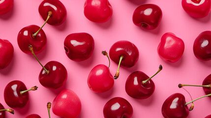 Wall Mural - flat lay of cherries on a pink background fresh fruit