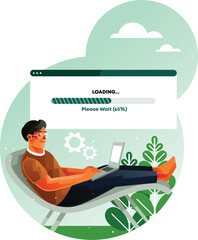 A man waits for loading bar on laptop