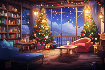 Wall Mural - christmas tree with christmas decorations in a living room lofi anime cartoon style relaxing vibe