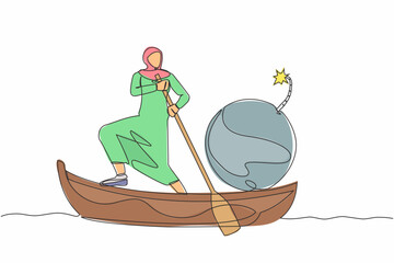 Poster - Single continuous line drawing Arab businesswoman standing in boat, sailing with bomb. Manager carry dangerous risks for company. Economic collapse due to crisis. One line design vector illustration