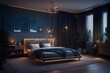 3d rendering of bedroom with cozy low bed at night
