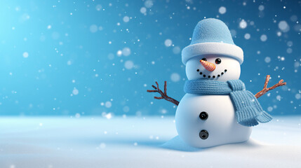 Wall Mural - happy snowman with scarf and hat on a blue snowy background - copyspace