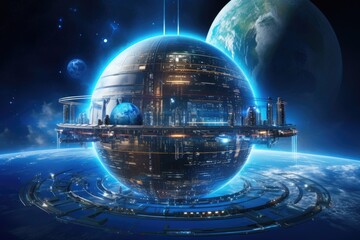 science fiction illustration of a planet earth in the space. 3d rendering, a space station orbiting 