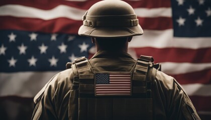 Wall Mural - soldier in military uniform standing with the back to the camera with the usa flag in the background