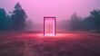 Magical portal emitting pink neon light, in the middle of an empty field, with dark trees in the background. Doorway leading to another dimension.
