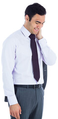 Wall Mural - Digital png photo of happy biracial businessman looking down on transparent background