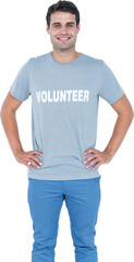 Sticker - Digital png photo of happy caucasian male volunteer with hands on hips on transparent background