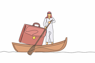 Canvas Print - Single continuous line drawing Arab businessman sailing away on boat with briefcase. Employees planning for summer vacation. Take break from busy office tasks. One line draw design vector illustration