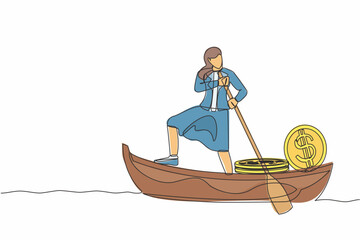 Sticker - Continuous one line drawing businesswoman sailing away on boat with pile of dollar coins. Criminal stole golden coins from bank. Corruption, robber. Single line draw design vector graphic illustration