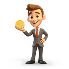 business man with gold coin 3d cartoon on a white background