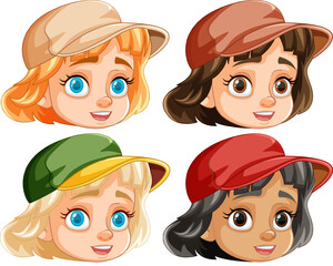 Wall Mural - Smiling Girls Wearing Caps: A Vector Cartoon Illustration