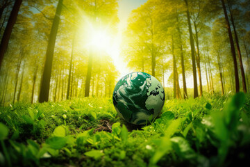 Wall Mural - Glass globe on green nature, Green energy for clean and sustainable environment, Earth Day