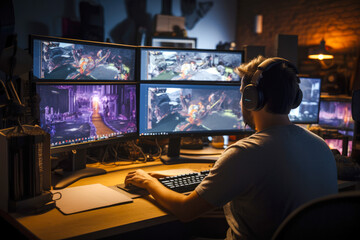 Video game developer working on a new game, view from behind