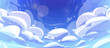 Blue anime cloud heaven sky vector background. White cumulus cloudy air scene with gradient. Fluffy sunny game scenery panorama wallpaper. Beautiful outdoor carefree environment illustration