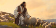 Jesus Christ, the good shepherd and sheep at green hill. AI generative