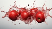 Delicious Red Beautiful Healthy Juicy Vitamin Apples Flying In Splashes Of Drops Of Clean Water Splashes