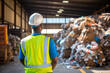 Rear view of male African American recycling worker looking at large piles materials at a recycling center. Concept of environmental awareness and recycling