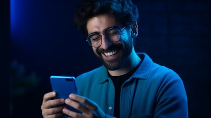 An attractive and happy geek man is depicted in this portrait, using a device app on his 5G to search the web against a background of vivid blue.