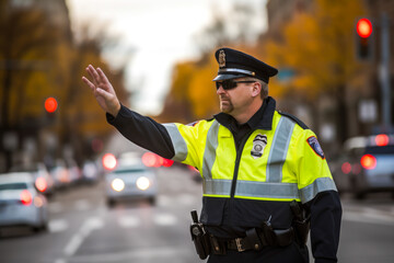 Male police officer directing traffic, trying to ease the congestion in a rush hour