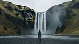 Woman overlooking waterfall at skogafoss Iceland