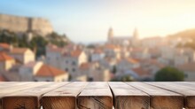 The Empty Wooden Table Top With Blur Background Of The Old Town Dubrovnik . Exuberant Image. Generative AI