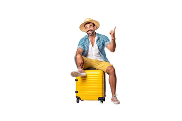 Tourist sitting on suitcase holding passport and hand pointing at photocopying area On a transparent studio background