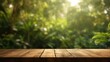 © InfiniteFlow - The empty rustic wooden plank table top with blur background of jungle. Exuberant image. generative ai
