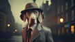 Dog wearing hat and suit outdoors in night city