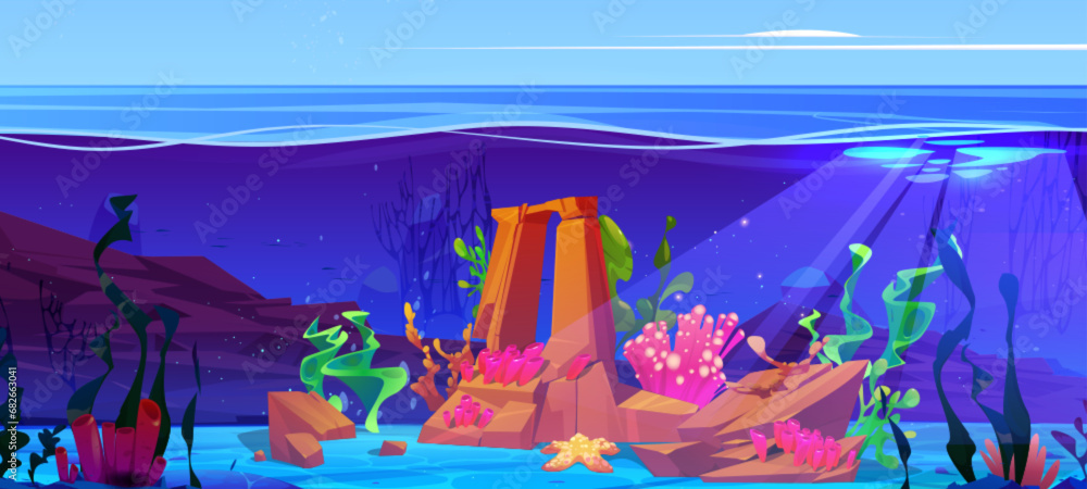 Underwater landscape with starfish and seaweeds. Vector cartoon ...