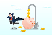 Relax Businessman Sit On The Chair To See Money Faucet Flow Into Savings Piggy Bank, Passive Income To Reach Financial Freedom, Earning Money While You Sleep Or Wealth Increase Without Salary (Vector)