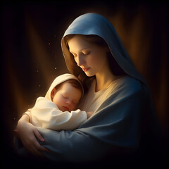 Wall Mural - Mary hugging baby Jesus, Son of God, Christmas nativity scene