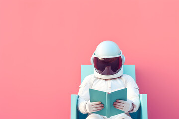 Wall Mural - spaceman or astronaut sitting on a chair and reading book.