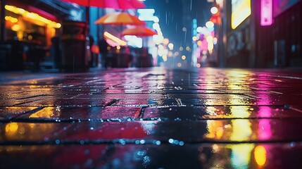 Poster - a wet street with umbrellas