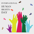 Human right day.International peace. Different skin colors hands raised on banner and poster.  Equality awareness icon symbol. Cartoon flat on different background.Vector illustration eps file.
