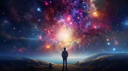 Canvas Print - a person standing on a rocky surface looking at a galaxy